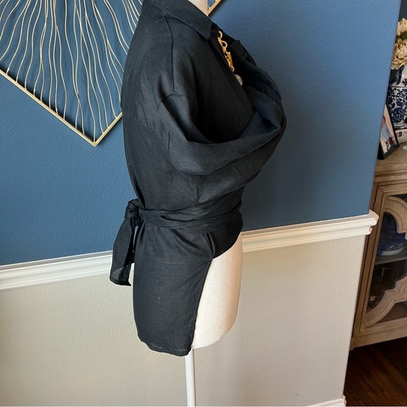 NWT Elegant 100% Linen Black Wrap Top - Picture 4 of 9